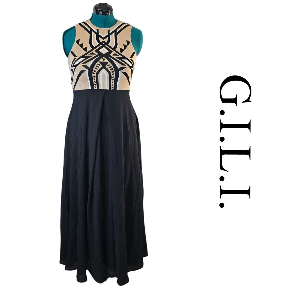 G.I.L.I. Got It Love It Maxi Dress Black Tan Geometric Print Sleeveless Size‎ 8P